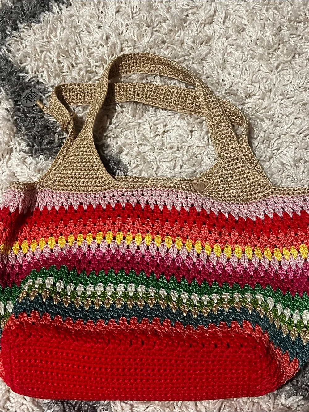 The Sak Multicolor Crochet Tote Bag with Red Base